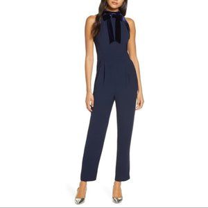 1901 Velvet Trim Halter Jumpsuit Size 12 Navy